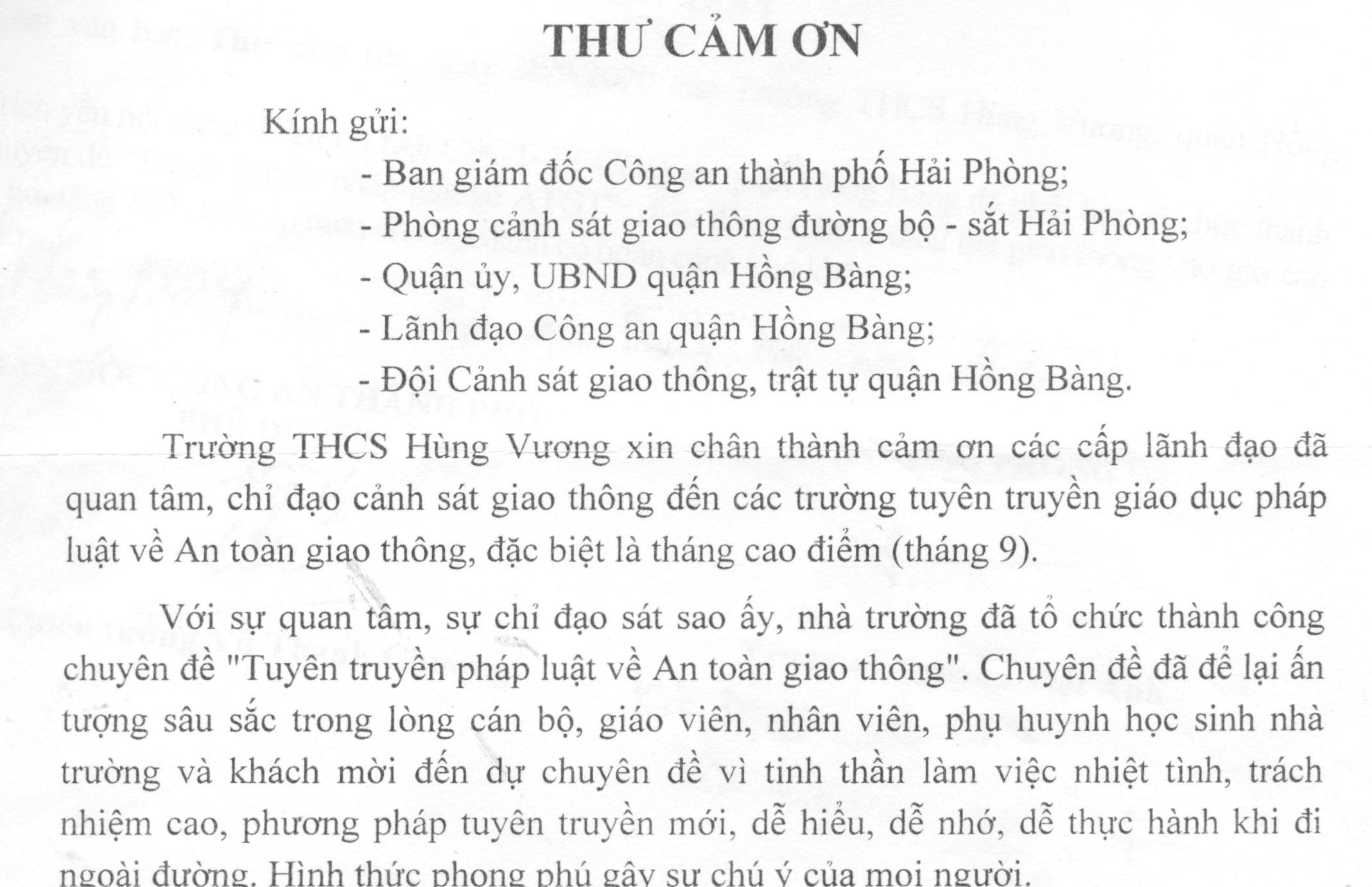 Trường THCS Hùng Vương (quận Hồng Bàng) gửi thư cảm ơn